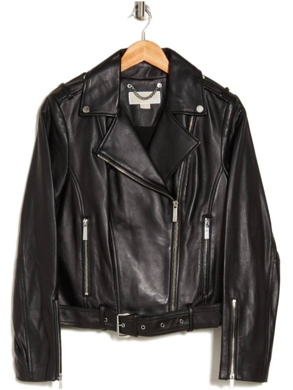 Michael Kors Women's Belted Zip Leather Biker Moto Jacket in Black Size S